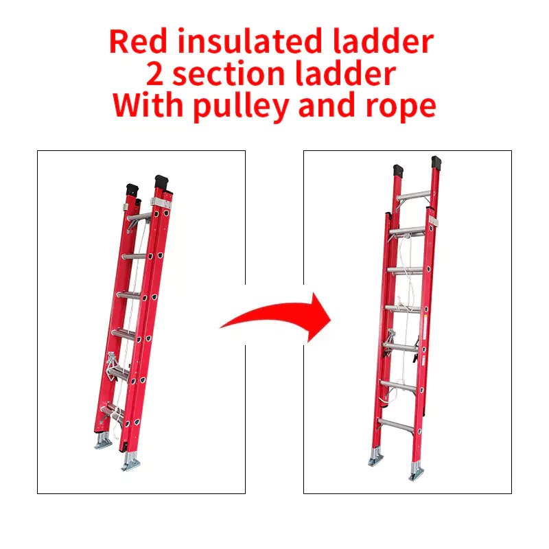 Red insulated ladder 2 section ladder With pulley and rope