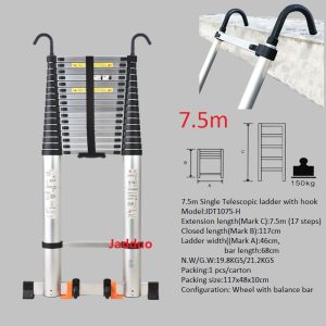 Upgrade Single Telescopic Ladder with Hook+balance Bar Silver Industrial Outdoor Ningbo Free Spare Parts Aluminum Ladders