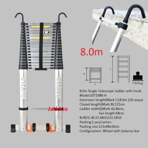 Upgrade Single Telescopic Ladder with Hook+balance Bar Silver Industrial Outdoor Ningbo Free Spare Parts Aluminum Ladders