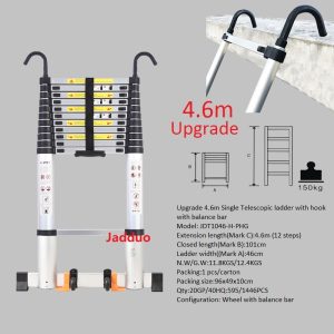 Upgrade Single Telescopic Ladder with Hook+balance Bar Silver Industrial Outdoor Ningbo Free Spare Parts Aluminum Ladders
