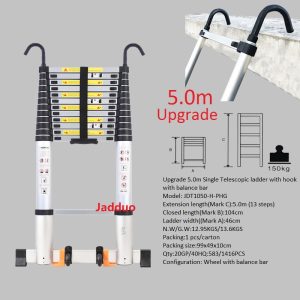 Upgrade Single Telescopic Ladder with Hook+balance Bar Silver Industrial Outdoor Ningbo Free Spare Parts Aluminum Ladders