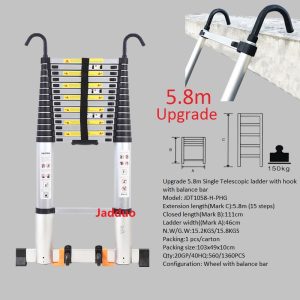 Upgrade Single Telescopic Ladder with Hook+balance Bar Silver Industrial Outdoor Ningbo Free Spare Parts Aluminum Ladders