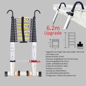 Upgrade Single Telescopic Ladder with Hook+balance Bar Silver Industrial Outdoor Ningbo Free Spare Parts Aluminum Ladders