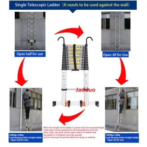 Upgrade Single Telescopic Ladder with Hook+balance Bar Silver Industrial Outdoor Ningbo Free Spare Parts Aluminum Ladders