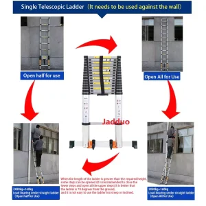 Upgrade Single Telescopic Ladder with balance Bar Silver Industrial Outdoor Ningbo Free Spare Parts Aluminum Ladders