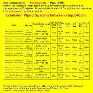 Extension Tube Aluminum Single Telescopic Ladder with Hook and Anti-slip cushion