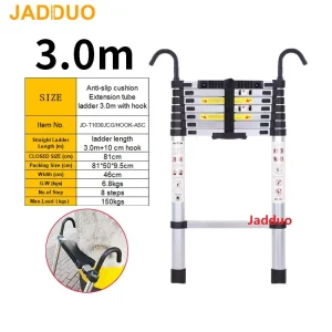 Extension Tube Aluminum Single Telescopic Ladder with Hook and Anti-slip cushion
