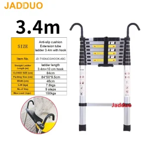 Extension Tube Aluminum Single Telescopic Ladder with Hook and Anti-slip cushion