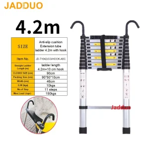 Extension Tube Aluminum Single Telescopic Ladder with Hook and Anti-slip cushion