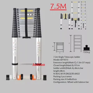 Upgrade Single Telescopic Ladder with balance Bar Silver Industrial Outdoor Ningbo Free Spare Parts Aluminum Ladders