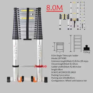 Upgrade Single Telescopic Ladder with balance Bar Silver Industrial Outdoor Ningbo Free Spare Parts Aluminum Ladders