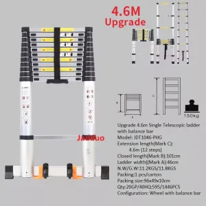 Upgrade Single Telescopic Ladder with balance Bar Silver Industrial Outdoor Ningbo Free Spare Parts Aluminum Ladders