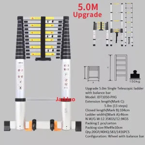 Upgrade Single Telescopic Ladder with balance Bar Silver Industrial Outdoor Ningbo Free Spare Parts Aluminum Ladders