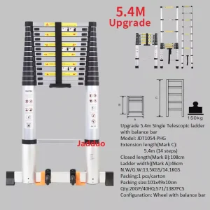 Upgrade Single Telescopic Ladder with balance Bar Silver Industrial Outdoor Ningbo Free Spare Parts Aluminum Ladders