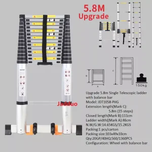 Upgrade Single Telescopic Ladder with balance Bar Silver Industrial Outdoor Ningbo Free Spare Parts Aluminum Ladders