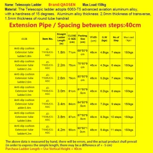 Extension Tube Single Telescopic Ladder with Anti-slip cushion