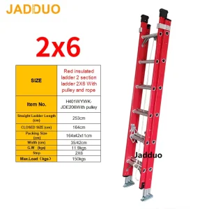 Red insulated ladder 2 section ladder With pulley and rope