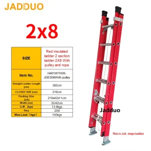 Red insulated ladder 2 section ladder With pulley and rope