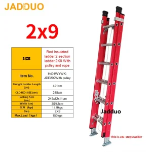 Red insulated ladder 2 section ladder With pulley and rope