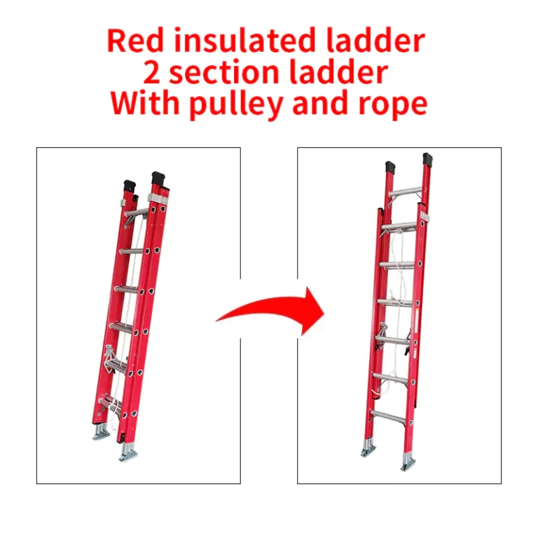 Red insulated ladder 2 section ladder With pulley and rope