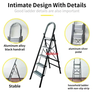 Black Aluminum Household Ladder with Non-slip Strip