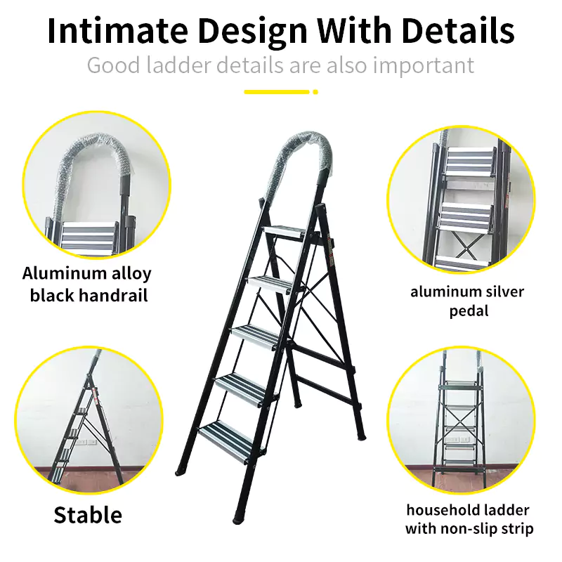 black aluminum household ladder with non-slip strip