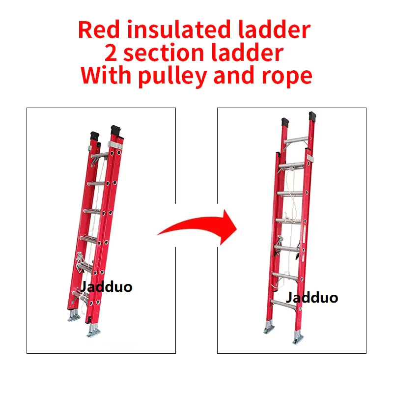 Red insulated ladder 2 section ladder With pulley and rope