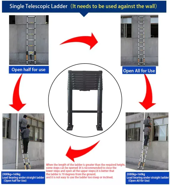 Black Telescopic Ladder With Stable Foot 100% Fit Floor