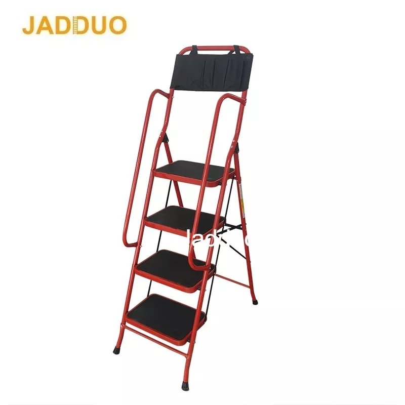 Household ladder red color with handrail and tool bag
