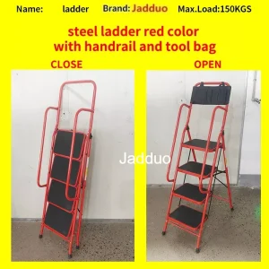Household ladder red color with handrail and tool bag