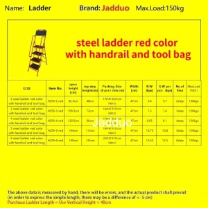 Household ladder red color with handrail and tool bag