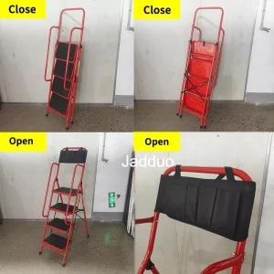 Household ladder red color with handrail and tool bag