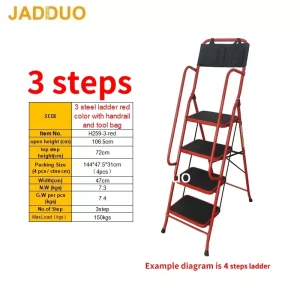 Household ladder red color with handrail and tool bag