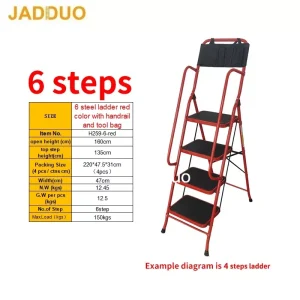 Household ladder red color with handrail and tool bag