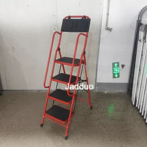 Household ladder red color with handrail and tool bag