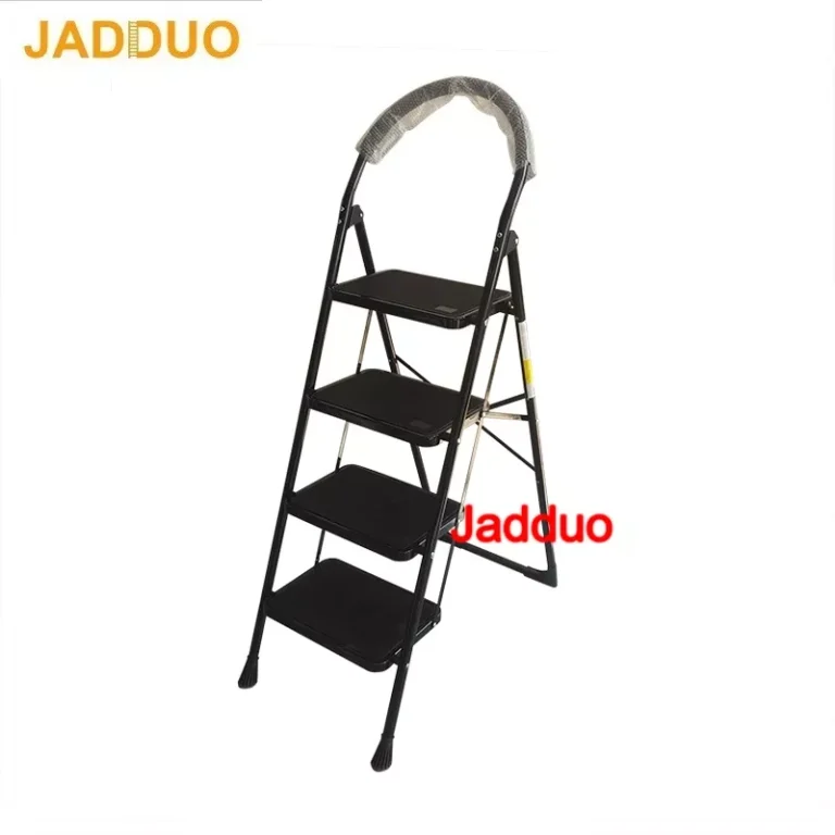 Black Folding Step Ladder with Large Round Handrail Heavy Duty Steel Ladder for Home & Kitchen