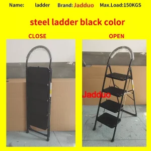Black Folding Step Ladder with Large Round Handrail Heavy Duty Steel Ladder for Home & Kitchen