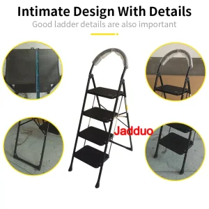Black Folding Step Ladder with Large Round Handrail Heavy Duty Steel Ladder for Home & Kitchen