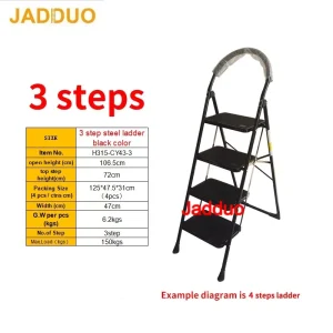 Black Folding Step Ladder with Large Round Handrail Heavy Duty Steel Ladder for Home & Kitchen