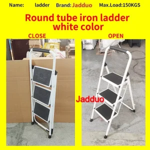 White Round Tube Iron Step Ladder with Ground-Touching Back Support & Rubber Leather Steps for Export