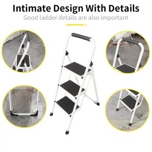 White Round Tube Iron Step Ladder with Ground-Touching Back Support & Rubber Leather Steps for Export