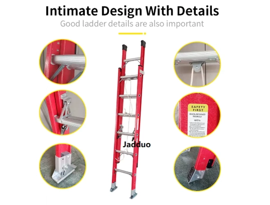 Red insulated ladder 2 section ladder With pulley and rope