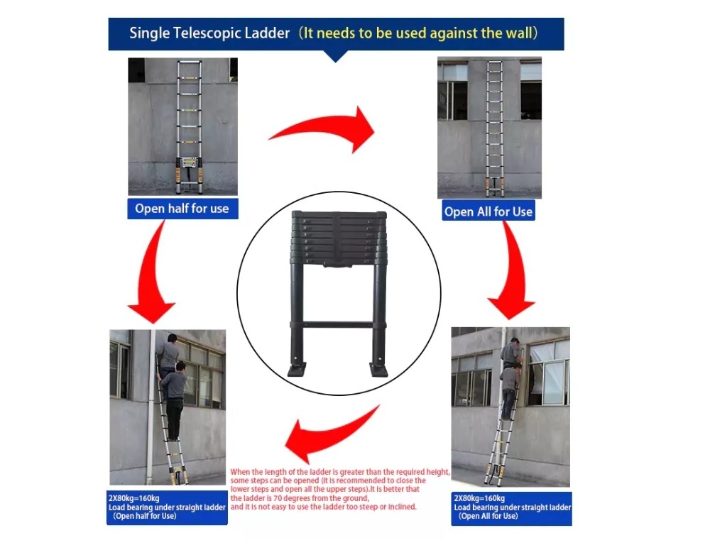 Black Telescopic Ladder With Stable Foot 100% Fit Floor
