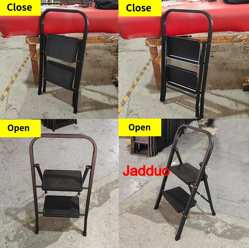 Black Square Tube Iron Step Ladder with Rubber Leather Non-Slip Steps