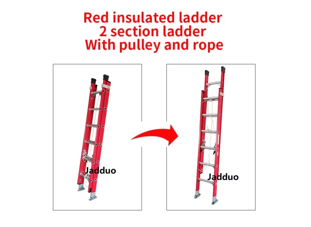 Red insulated ladder 2 section ladder With pulley and rope