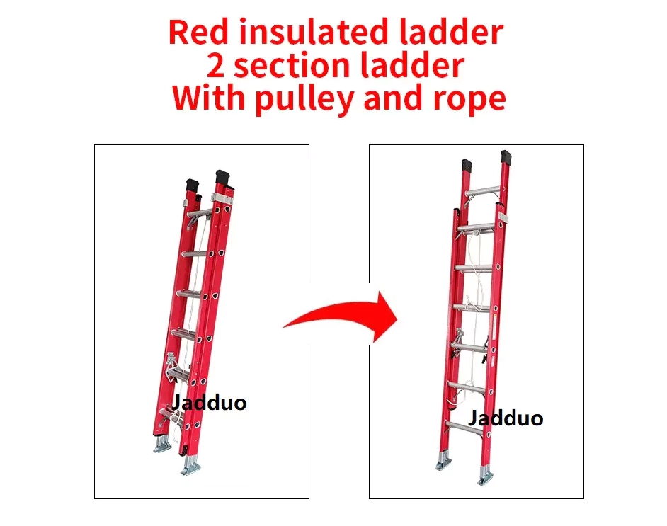 Red insulated ladder 2 section ladder With pulley and rope